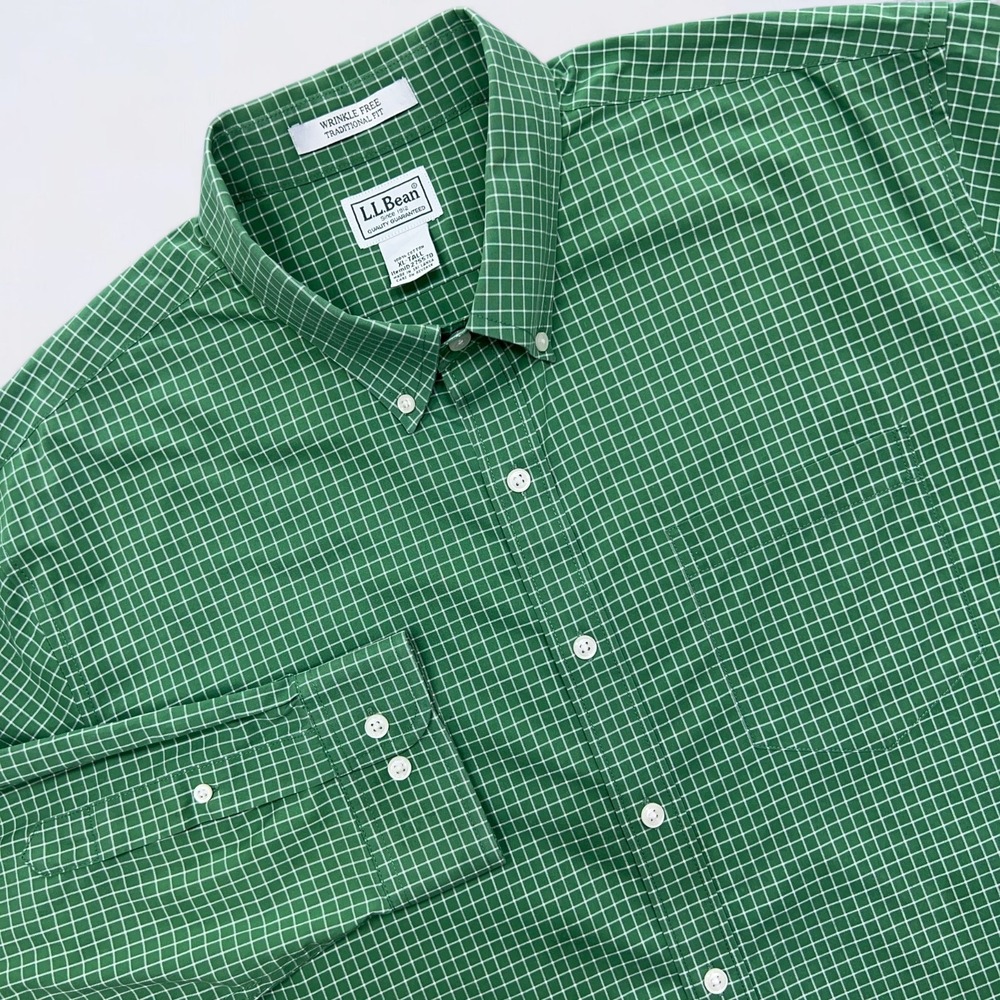 LL Bean Kennebunk Sport Shirt Men's XLT Tall Green Grid Check Button Down Preppy